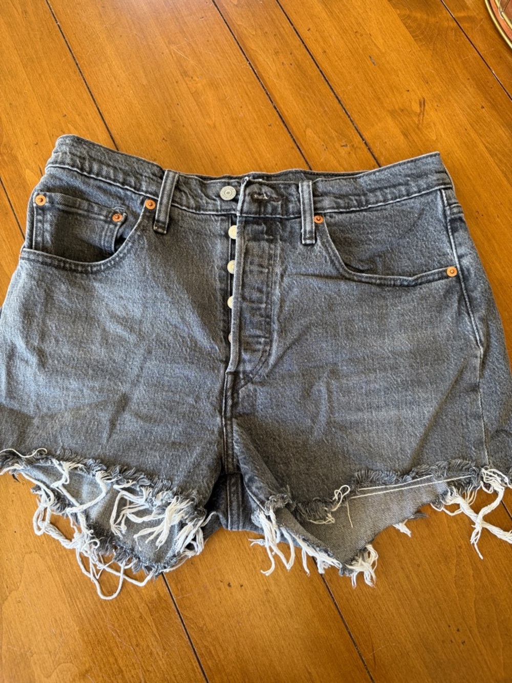 Levi's Washed Black Cutoff 501 Denim Shorts button fly/ fringed
